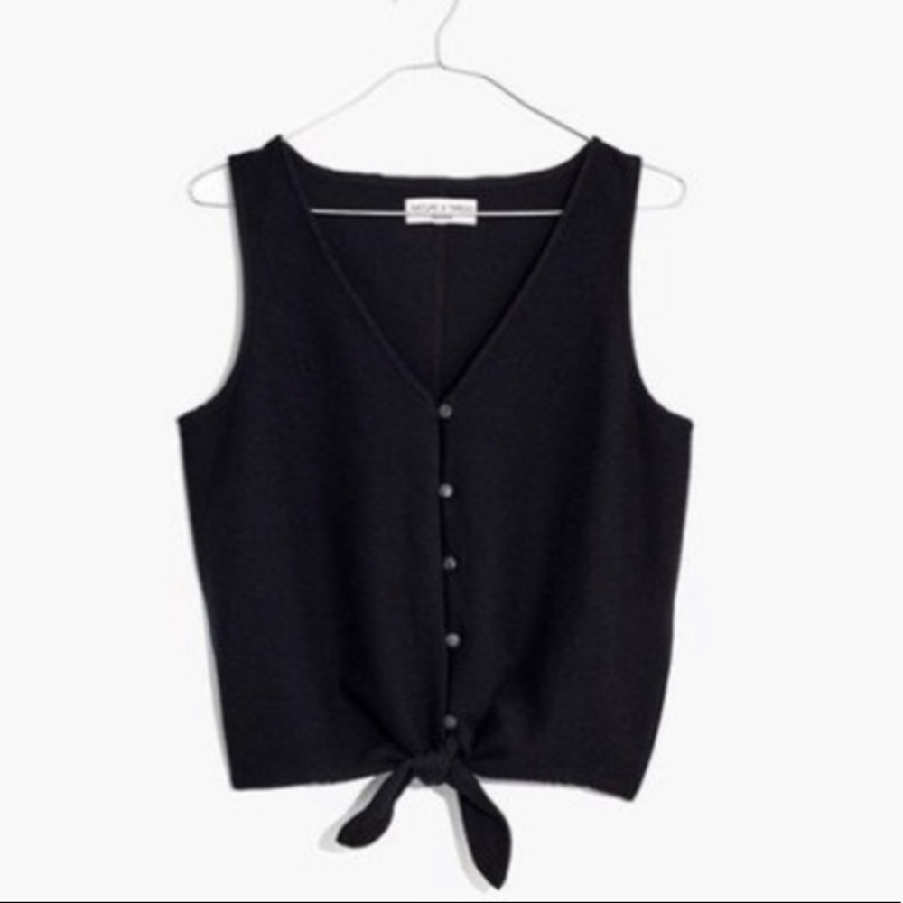 Black Texture & Thread Button-Front Tie Tank Top